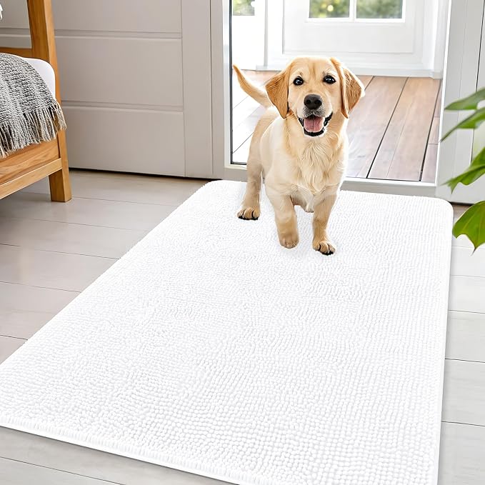 OLANLY Dog Door Mat for Muddy Paws 44x32, Super Absorbent Chenille Mud Mat | White, Absorbs Moisture and Dirt, Non-Slip Machine Washable Doormat, Quick-Drying Indoor Entryway Floor Carpet for Dogs