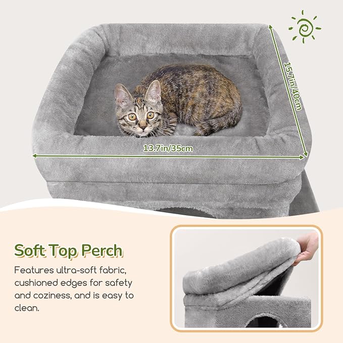 Globlazer Heavy Duty Cat Tree for Indoor Cats Large Adult, F52B, Light Grey | 3 Condos, Extra-Large Baseboard, Removable Top Perch, 4 Sisal Posts & Board, Hanging Basket, Anti-Topple Strap, Easy Setup