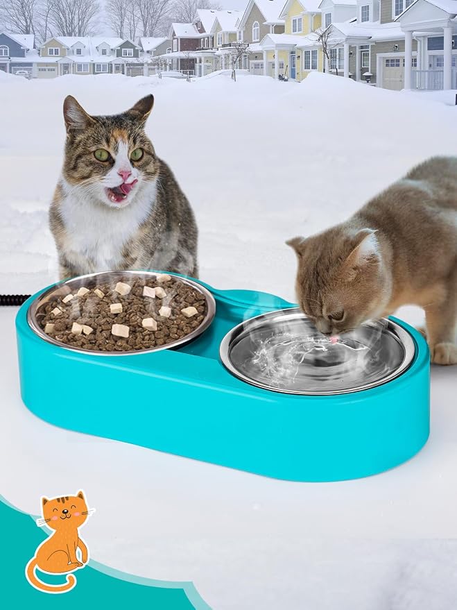 Heated Water Bowl for Cats - 48Oz Outdoor Heated Pet Dog Bowl with 2 Stainless Steel Bowl, Thermostatic Control for Keeping Water and Food from Freezing in Winter Cat Gifts