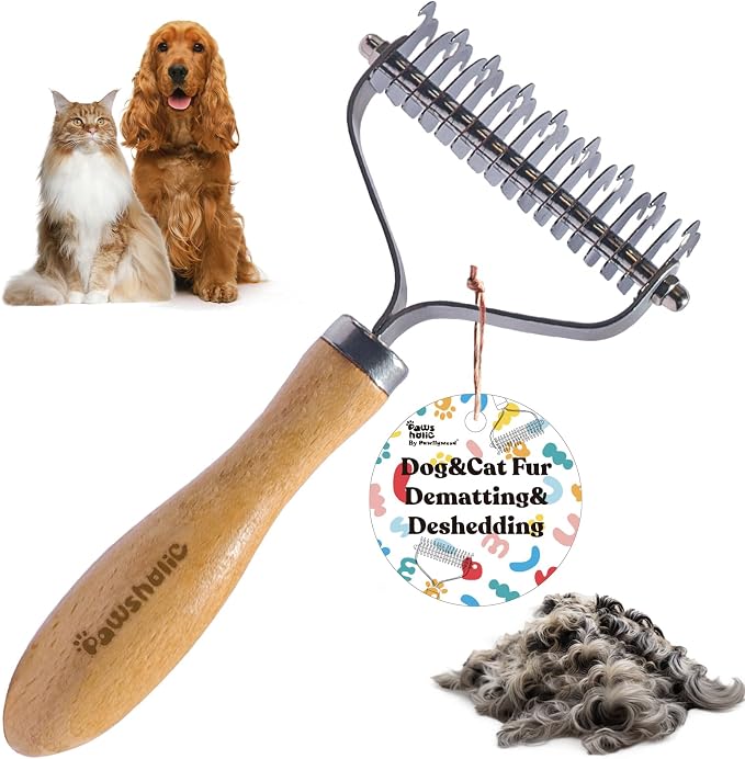 Undercoat Rake for Dogs - Professional Pet Shedding Dematting Comb with Wood Handle, Stainless Steel Blades for Pet Cats Dogs Matted Hair Tangles Removing