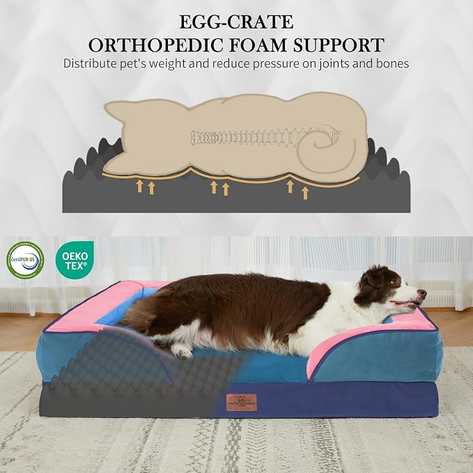 Comfort Expression Orthopedic Dog Bed for Extra Large Dogs with Bolster | Waterproof Dog Couch Bed with Washable Cover & Non-Slip Bottom, Supportive Egg Crate Foam XL Pet Bed, 42x30 Inch