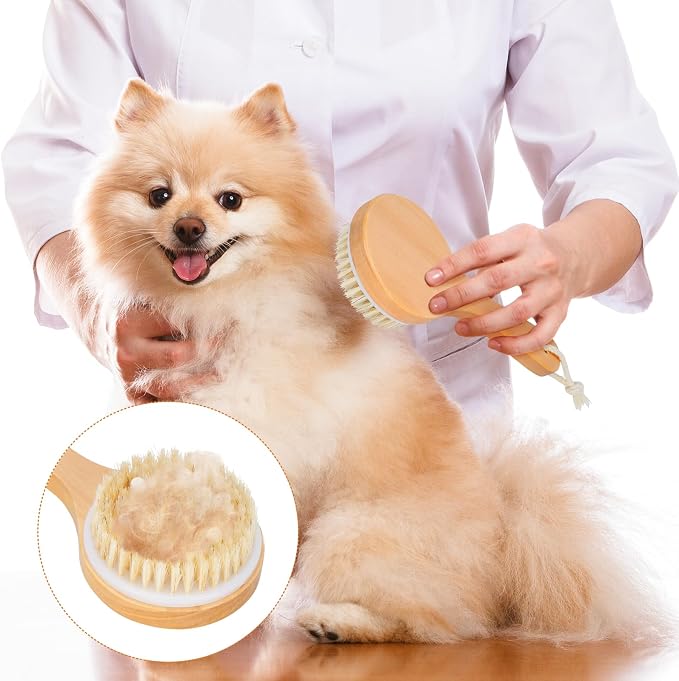 petour Dog Bath Brush Pet Shampoo Handle Bath Brush with Massage Points Dog Grooming/Washing/Massaging Wooden Brush Natural Bristle Dog Brush Removal Loos Hair for Cats Dogs, Beige