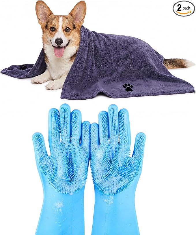 2PCS Dog Bath Supplies, Dog Bath Gloves | Dog Towels 32'' X 16'',Super Absorbent and Soft Pet Grooming Towel, Perfect Shower & Grooming Supplies for Dogs