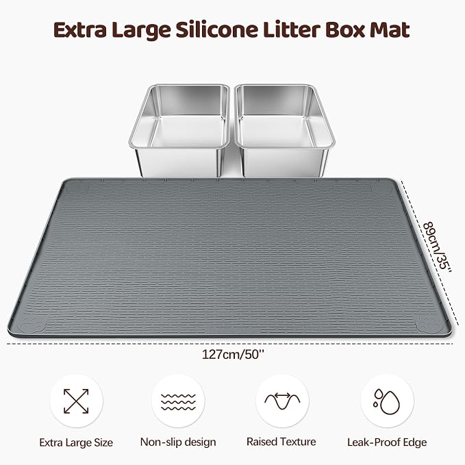 Silicone Cat Litter Mat for Litter Box 50”x35” Large Cat Mat, Dark Grey | Waterproof, Non-Slip, Leak-Proof Rug Mat with Lip, Easy to Clean, Extra Large Litter Catcher Mat for Floor