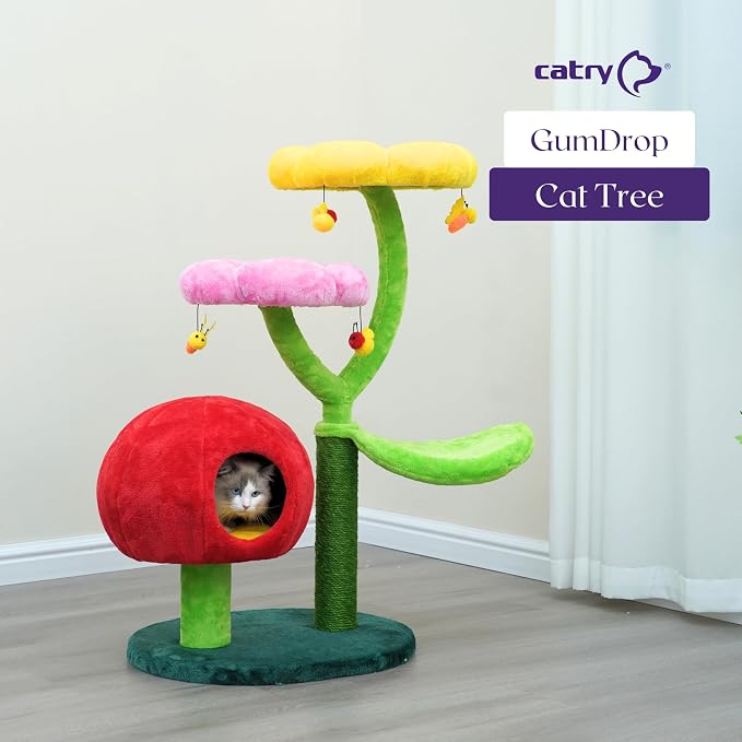 Catry Flower Cat Tree with Hideaway Condo, 3 Perches and Scratching Posts | Aesthetic floral cat condo tower for indoor cats, features durable sisal scratching posts, cozy plush flower beds & perches