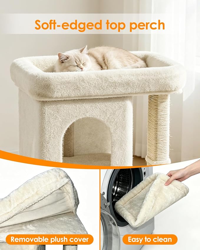 Cat Tree for Large Cat, Small Cat Tower with Large Perch Bed, Scratching Posts, Dual Condos for Indoor Cats Kittens, Beige