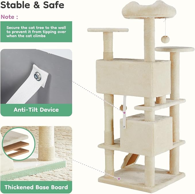 DUMOS 54 Inch Cat Tree Tower with Scratching Posts | Indoor Multi-Level Pet House for Large Cats with 2 Condos, Round Platform, Small Ladder and Toys, Beige