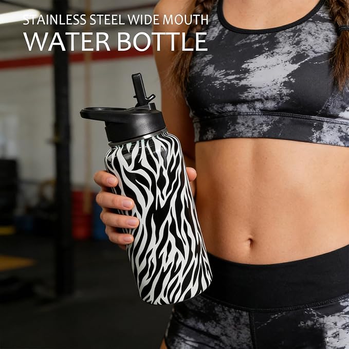 32 Oz Zebra Stripes Water Bottle With Handle, Flip Lid & Straw - Insulated Travel Coffee Mug, Animal Print Gifts for Women Men