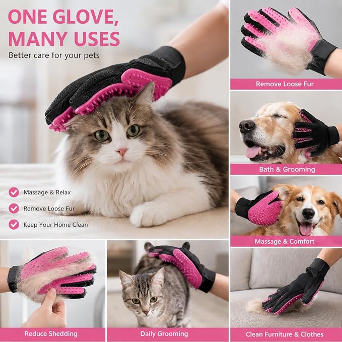 Pet Grooming Gloves – Deshedding & Bath Brush Gloves for Dogs, Cats & Horses, Gentle Hair Remover & Massage Mitt (Pink)