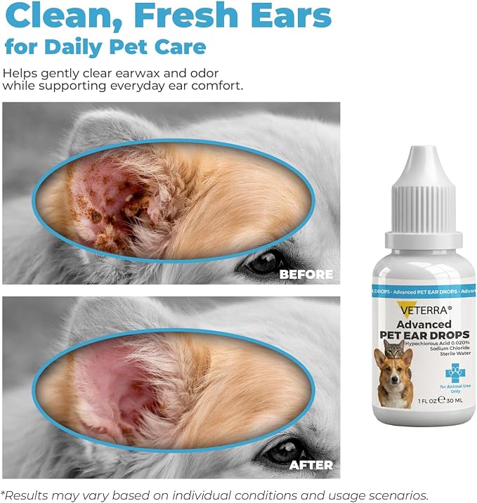 Dog and Cat Ear Cleaning Solution for Dog & Cat – Vet Recommended Ear Cleaner, Helps Remove Wax & Odor, Supports Healthy Ears, Gentle No-Rinse Formula - 1 Oz - 30 Ml