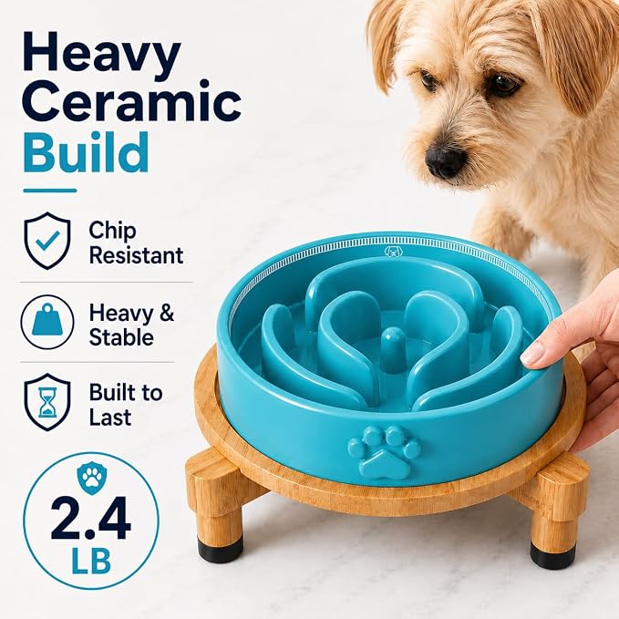 Slow Feeder Dog Bowls – Elevated Dog Bowl Slow Feeder with Bamboo Stand– Microwaveable Dog Slow Feeder for Small and Medium Dogs – Lead and BPA-Free Ceramic Pet Bowl – Pet Feeder for Fast Eaters