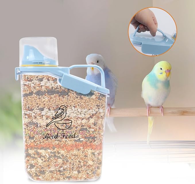 Bird Seed Storage Container,2.8L Airtight Bird Food Container with Handle and Measuring Cup,Portable Pet Food Container for Wild Bird Sunflower Seed-BPA Free Transparent/Blue