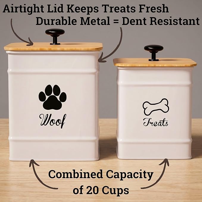 Dog Treat Container Set of 2 with Airtight Bamboo Lids - 8x6 & 7x5 inch | Fits All Popular Treats, Up to 20 Cups Combined Capacity, Airtight Bamboo Lid, Easy Open Lid, Dent-Resistant Durable Metal