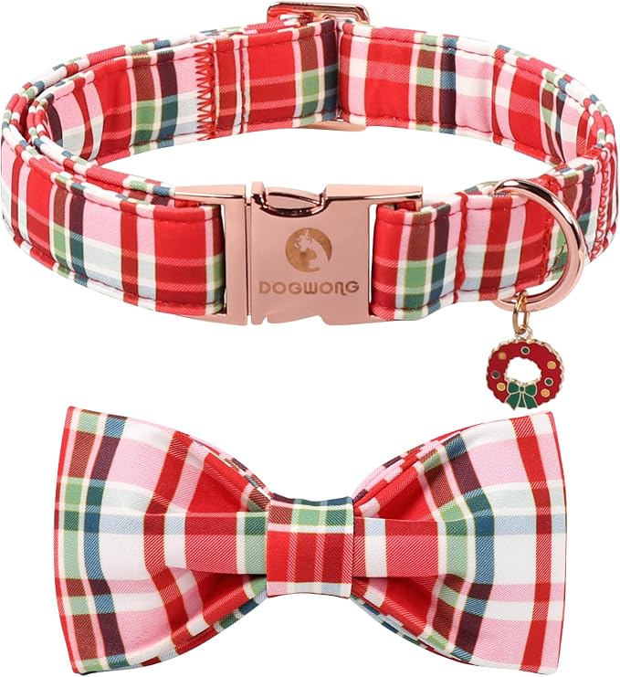DOGWONG Christmas Dog Collar with Bow Tie - Christmas Red Plaid Puppy Collar, Adjustable Red Checkered Dog Collars for Girl Boy Dogs, L