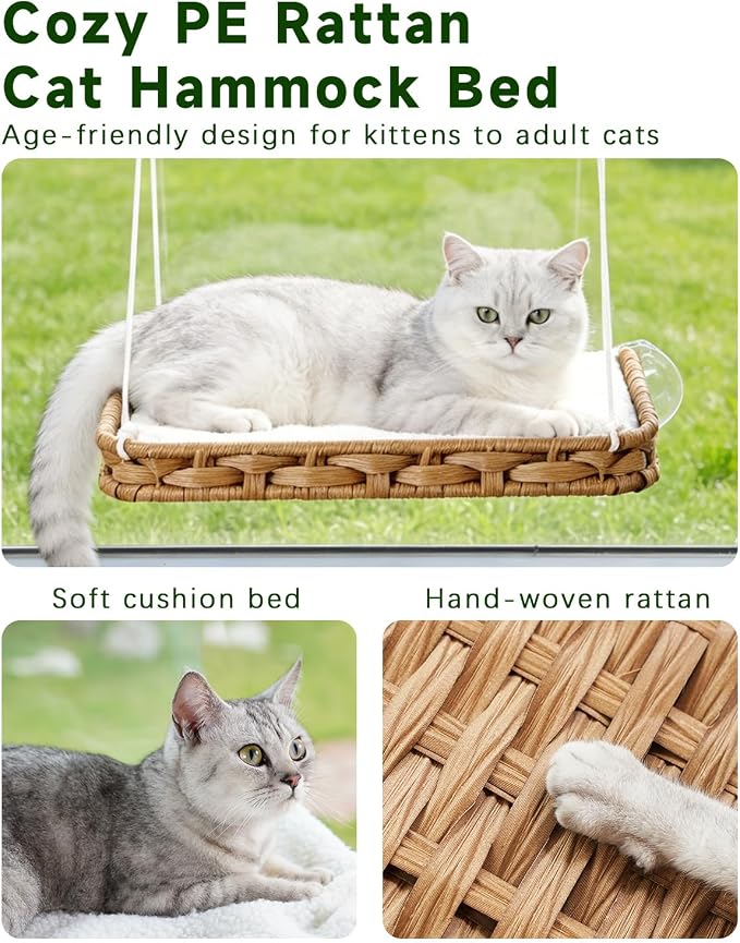 SETVSON Cat Window Perch 2-in-1 Cat Window Hammock Bed, Wall Shelves | Handwoven PE Rattan Kitty Seat with 4 Suction Cups, Double-Sided Washable Cushion Bed, 2.3" Fence, 16.5x12.6 In, Home Decor
