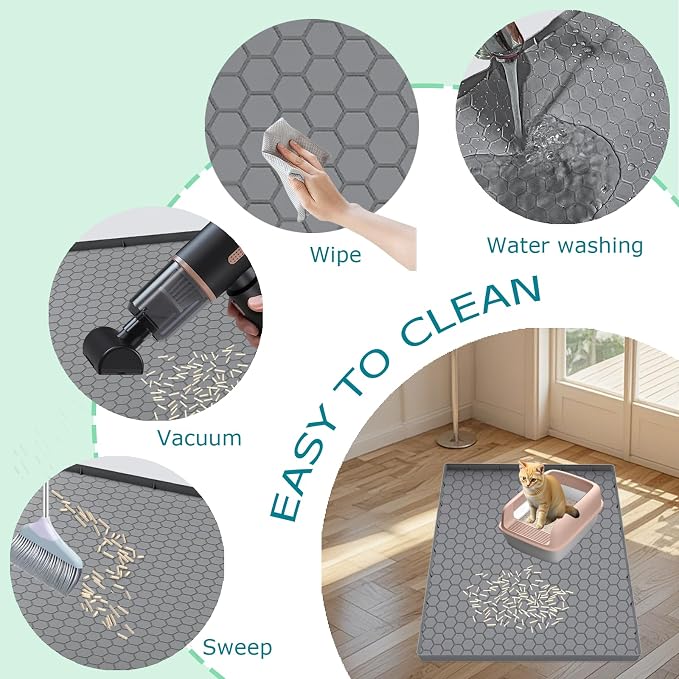 Cat Litter Mat, Silicone Large Cat Mat for Litter Box - 34x22 in, Waterproof & Non-Slip, Durable & Easy Clean, Grey