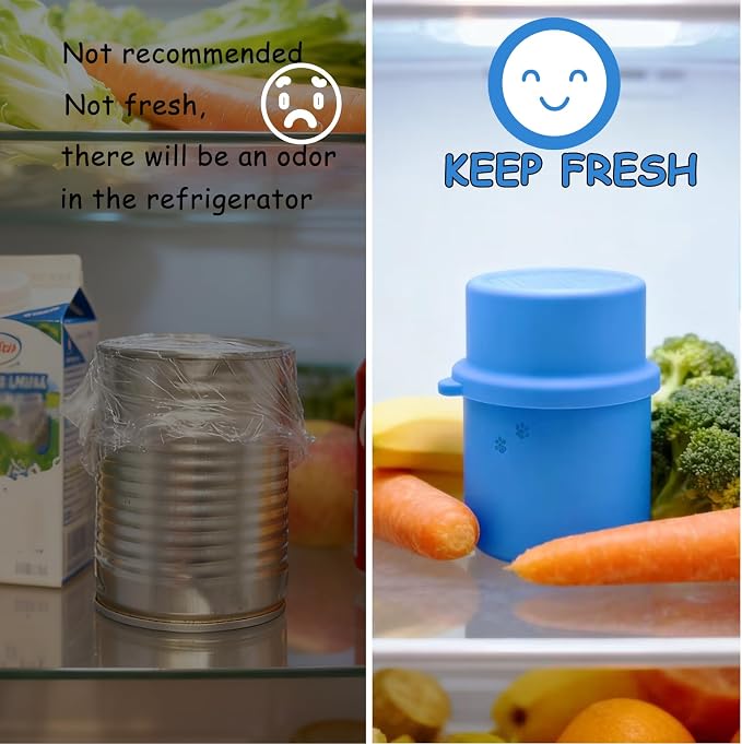 Original Canned Dog Food Storage Container & One Can Spoon | Silicone Can Cover Pet Food Sealer & Cute Paw Shape Opener Spatula | BPA Free, Airtight, Dishwasher & Freezer Safe (Blue+Pink)
