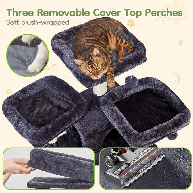 Taoqimiao Cat Tree for Large Cats, 76.8 Inches XL Cat Tower for Indoor Cats | 2 Scratch Boards, 3 Top Perches, 9 Scratching Posts, Multi-Level Cat Tree with 2 Condos, 2 Cozy Basket, Smoky Gray, T20G