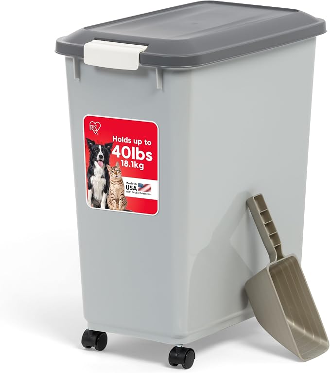 IRIS USA Dog Food Storage Container, Up to 40 lbs, Gray/Dark Gray | Made in USA, Comes with Wheels & 2-Cup Scoop, Airtight Seal, BPA-Free, Bird Seed, Cat food, Cat Litter, Treats, Pellets