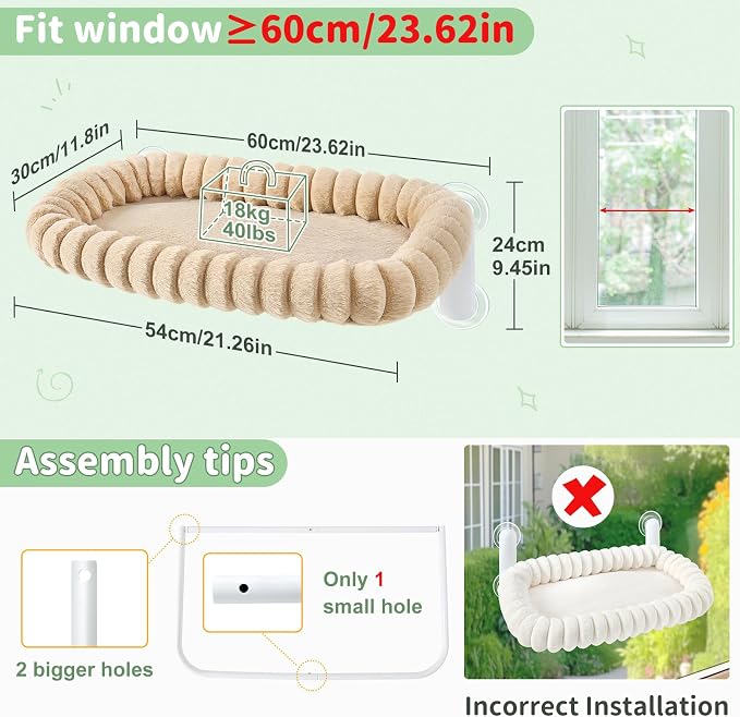 Sunhoo Foldable Cat Window Perch, Large Suction Cup Kitty Hammock, Tan | Windowsill Pet Bed for Cats Inside, Cordless Kitten Seat Supports 40 lbs, Soft Reversible Plush Cushion, Machine Washable