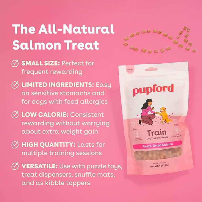 Pupford Freeze Dried Training Treats for Dogs & Puppies (Salmon, 8 oz) | 900+ treats per bag, Ultra low-calorie, Only 2 ingredients, All breed sizes, Mess free and bite sized, Trainer recommended