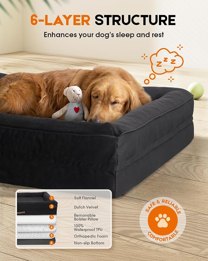 Upvilla XXL Orthopedic Dog Bed, Four-Sided Cushioned Egg-Shaped Foam Dog Sofa, Waterproof Removable Cover, Pet Sofa Bed with Non-Slip Base, Giant Dog Bed,Black