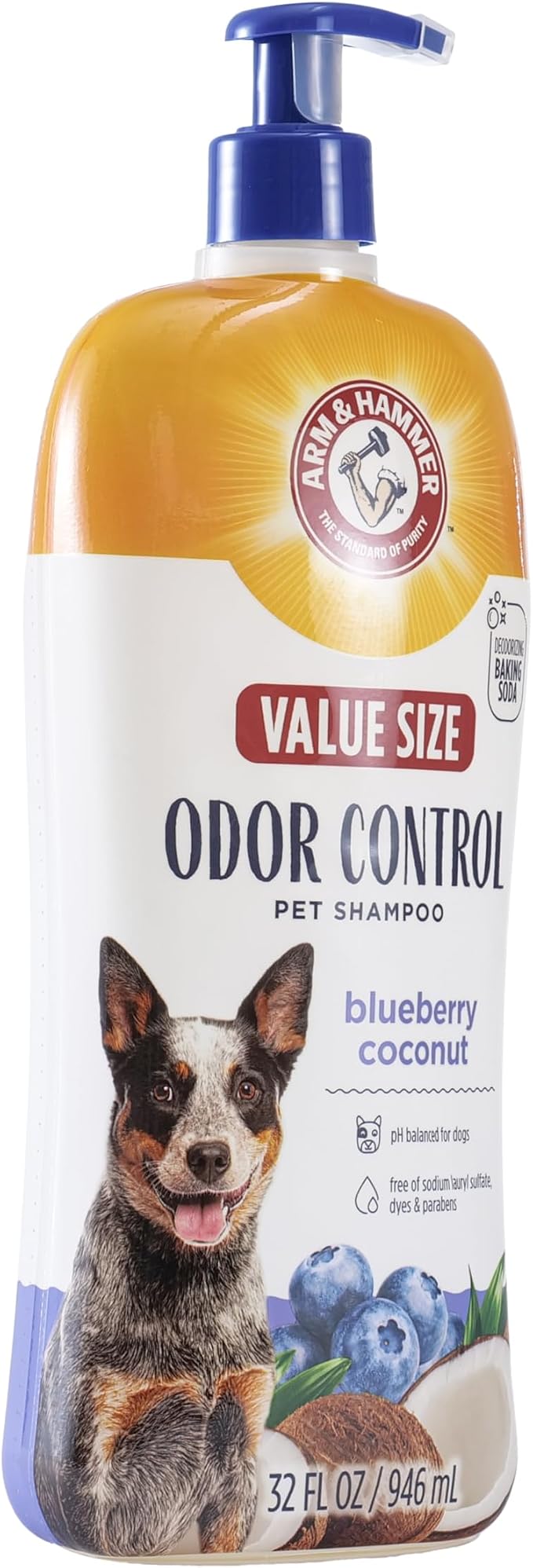Arm & Hammer Odor Control Dog Shampoo, Blueberry Coconut, 32 Fl Oz | Baking soda enhanced, pH-balanced formula, free of sulfates, for all dogs and puppies, daily grooming