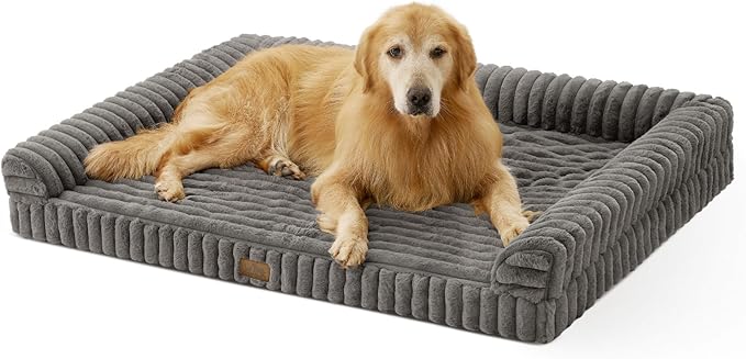 COZY KISS Ultra Soft Faux Rabbit Fur Dog Bed for Large Dogs – 48"x35" Orthopedic Foam Couch, Removable Washable Cover & Waterproof Lining, Grey
