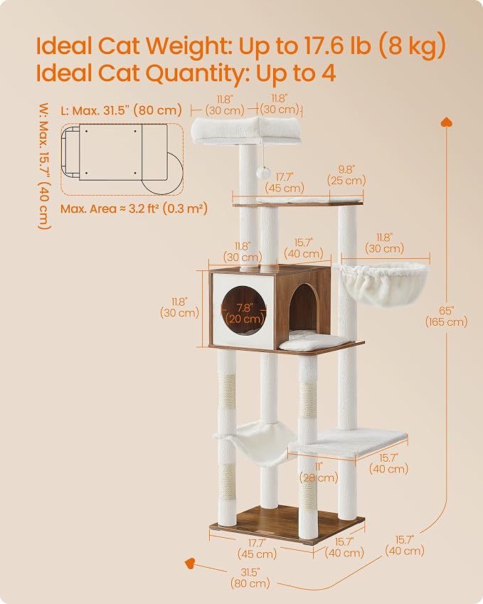 Feandrea Cat Tree, 65-Inch Tall Cat Tower, Multi-Level Condo with Cave, Basket, Hammock, Pompom, Scratching Posts, Honey Brown UPCT118K03