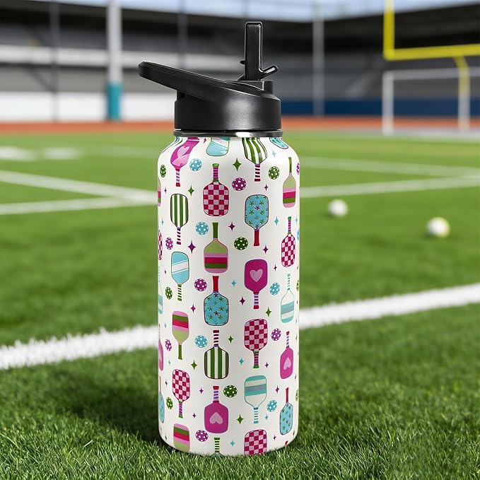 32 oz Pickleball Insulated Water Bottle with Straw - Pickleball Gym Hiking Sports Coffee Mug | Perfect Pickleball Gifts for Women, Pickleball Decor Accessories