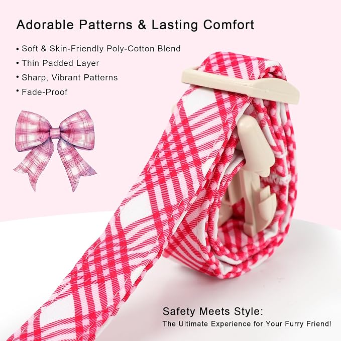Girl Dog Collar, Bright Pink Glen Check Dog Collars for Large Dogs - Cute Spring Summer Plaid Pup Collar, Soft Adjustable Female Dog Collars with Quick Release Buckle L