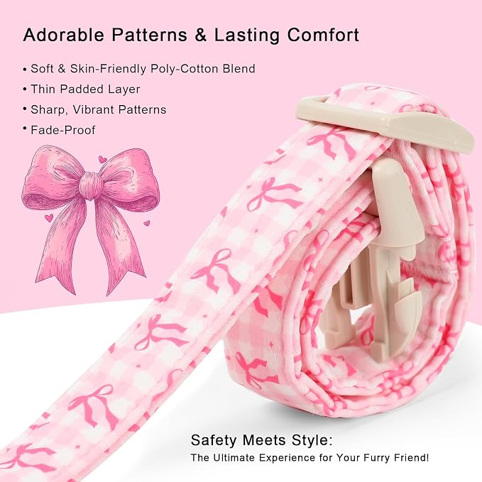 Girl Dog Collar for Large Dogs - Cute Pink Plaid & Bow Print Spring/Summer Puppy Collar, Soft Adjustable Holiday Female Dog Collars with Quick Release Buckle L