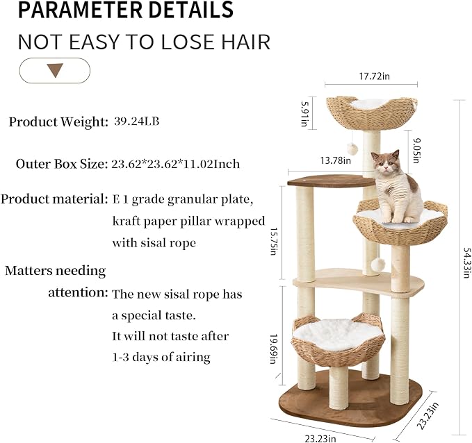 SHODMI 54-Inch Modern Cat Tree Tower, 3 Flower Basket Beds for Indoor Cats | White cloud mat, 5-level multi-cat design, 8 cm thick sisal posts, stable base, interchangeable cooling and plush mats