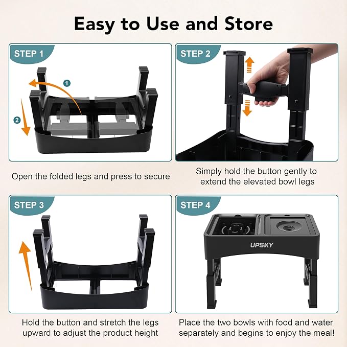 UPSKY 2-in-1 Elevated Dog Bowls Set with 4 Height Adjustable Stand, Balck | No Spill Water Bowl, Slow Food Bowl, No-Splash, Anti-Slip, Dishwasher Safe, Folding Design, Suitable for Small Medium Dogs