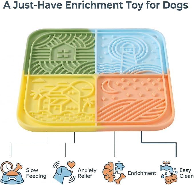 Dog Lick Mat with Suction Cups, 4-Texture Enrichment Slow Feeder for Dogs & Cats, Non-Slip Silicone Licking Pad for Anxiety Relief, Bathing & Training(Multicolor)