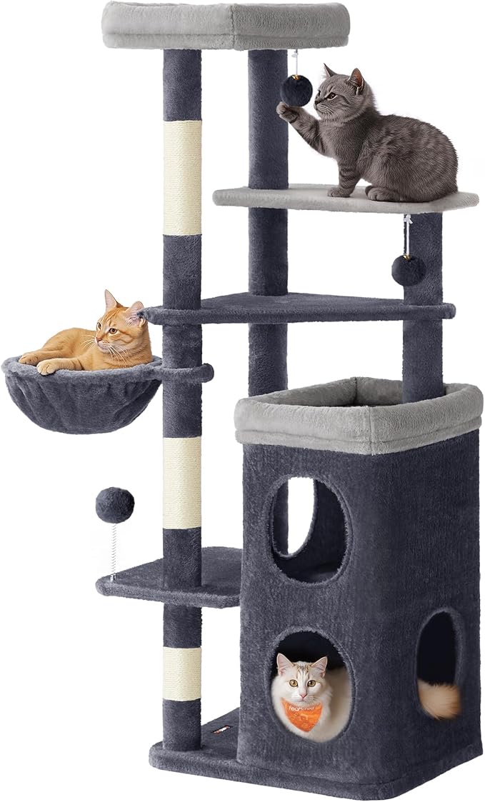 Feandrea Cat Tree Indoor, 60" Multiple-Level Plush Cat Tower, Dark Gray | 2 Caves, 3 Steps, 3 Scratching Posts, 3 Ball Toys, Cat Condo House for Large Adult Cats, UPCT007G02