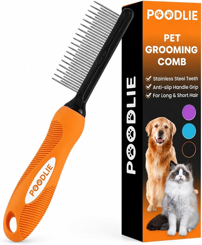 Poodle Grooming Comb - Metal Dematting Comb with Long & Short Stainless Steel Teeth for Removing Matted Hair & Knots, Safe and Gentle for Dogs & Cats (Orange)