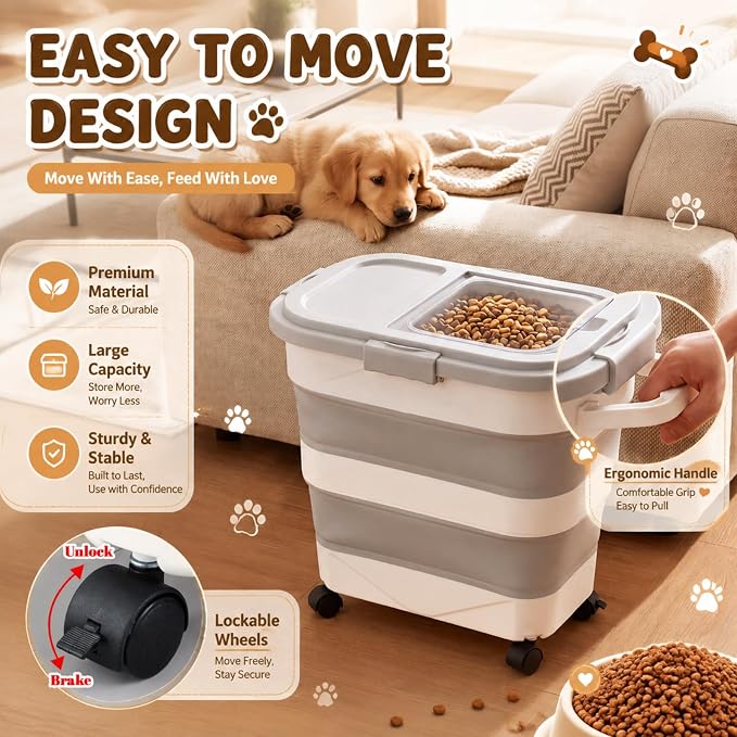 Sawysine 2 Pack 35Lbs & 20Lbs Airtight Dog Food Storage Container | Collapsible Design, with Attachable Casters, for Pet Food, Cat Litter, Rice Storage, Keep Dry Food Fresh, Easy to Move