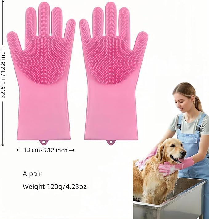 Silicone Dog Grooming Glove for Dogs and Cats, Enhanced Five-Finger Fit, Non-Slip & Extended Cuff, Dual-Sided Pet Bath Brush for Washing, Massage & Deep Cleaning 1 Pair (Pink)