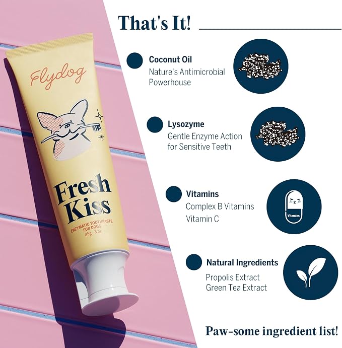 FlyDog Fresh Kiss Dog Tooth Brushing Kit - Vet Approved Formula, Enzymatic Dog Toothpaste and Brush - Breath Freshener & Tartar Remover, 360° Toothbrush & Finger Brush, Dental Guide, Coconut Flavor