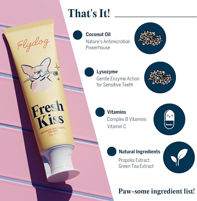 Flydog Fresh Kiss Dog Tooth Brushing Kit, Enzymatic Dog Toothbrush and Toothpaste- Vet Approved Formula, Breath Freshener & Tartar Remover, 360° Toothbrush for All Round Cleaning (Peanut Butter)