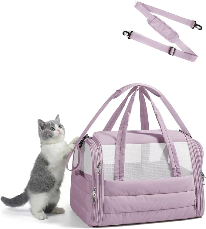 BAGSMART Cat Carrier: Soft-Sided Pet Carrier for Small Medium Cats Dogs Puppy Quilted Collapsible Puffy Travel Bag Up to 20 Lbs Mist Purple