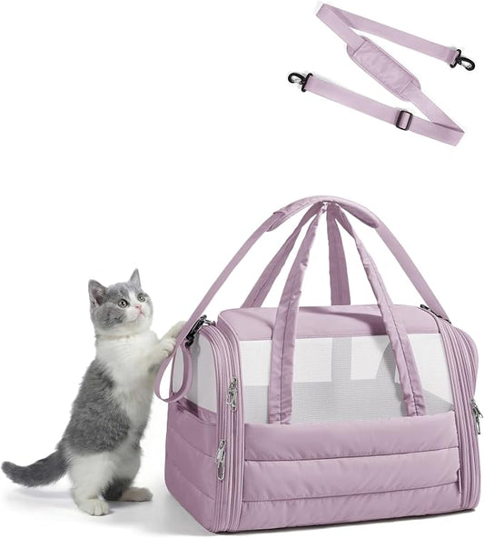 BAGSMART Cat Carrier: Soft-Sided Pet Carrier for Small Medium Cats Dogs Puppy Quilted Collapsible Puffy Travel Bag Up to 20 Lbs Mist Purple