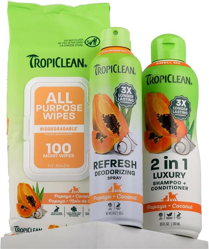 TropiClean Grooming Kit, Shampoo and Conditioner, Perfume & Wipes, 3 Pack