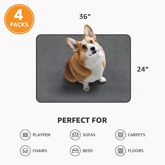 Washable Pee Pads for Dogs, 24x36 4 Pack Reusable Whelping Pads for Plyapen | Absorbent Dog Mats, Non-Slip Puppy Training Pads, for Potty Training, Crate, Senior Dog Incontinence, Housebreaking, Fast Dry