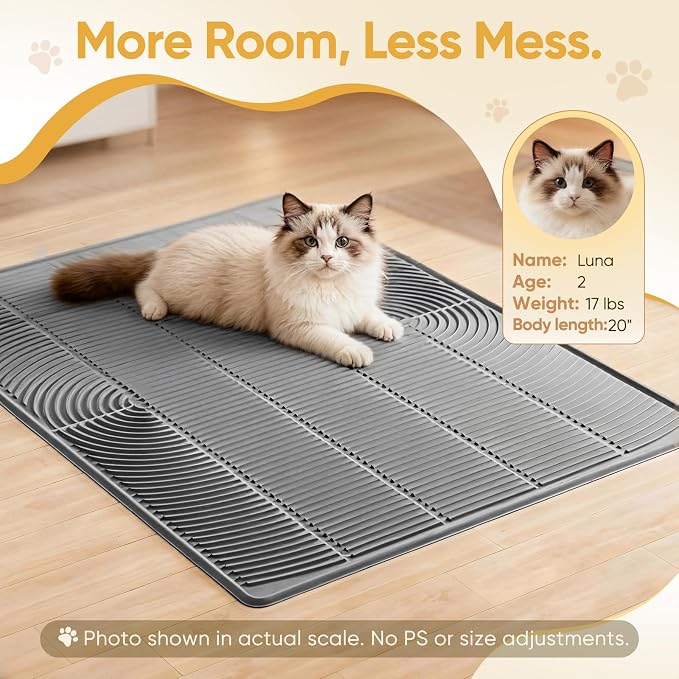 TRZZ XXL Cat Litter Mat, Large Silicone Waterproof Mat, Light Gray | Non-Slip, Easy to Clean, Cat Litter Trapping Mat, Kitty Litter Catcher, Scatter Control, for Floor