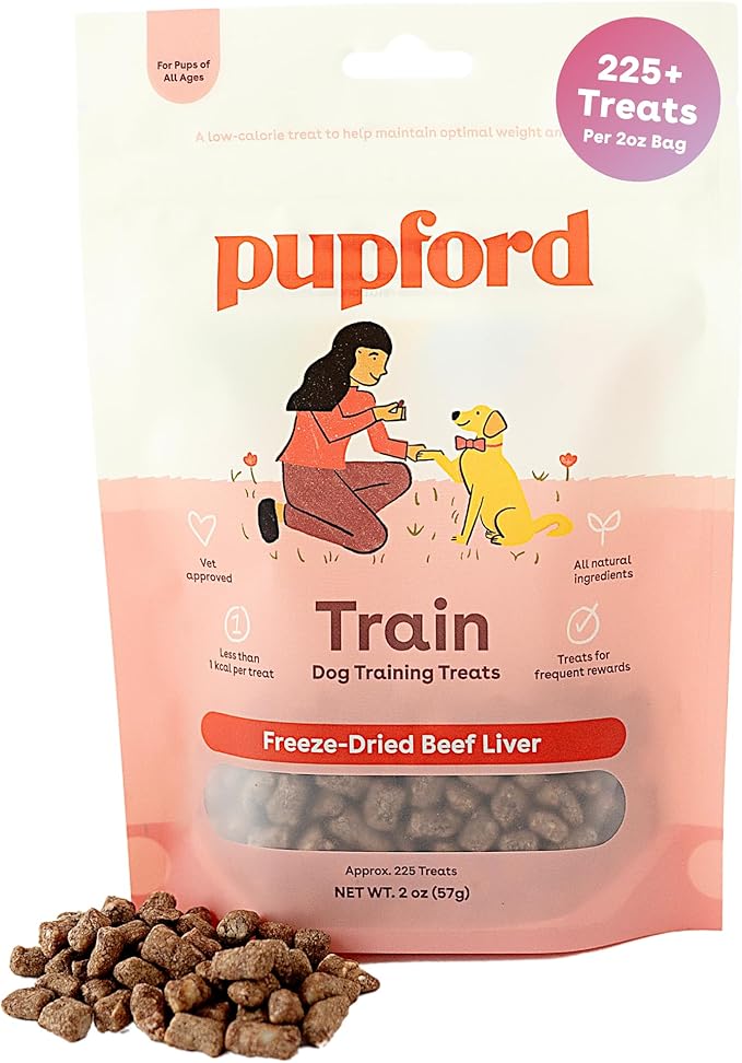 Pupford Freeze Dried Training Treats for Dogs & Puppies (Beef Liver, 2 oz) | 225+ treats per bag, Ultra low-calorie, Only 3 ingredients, All breed sizes, Mess free and bite sized, Trainer recommended