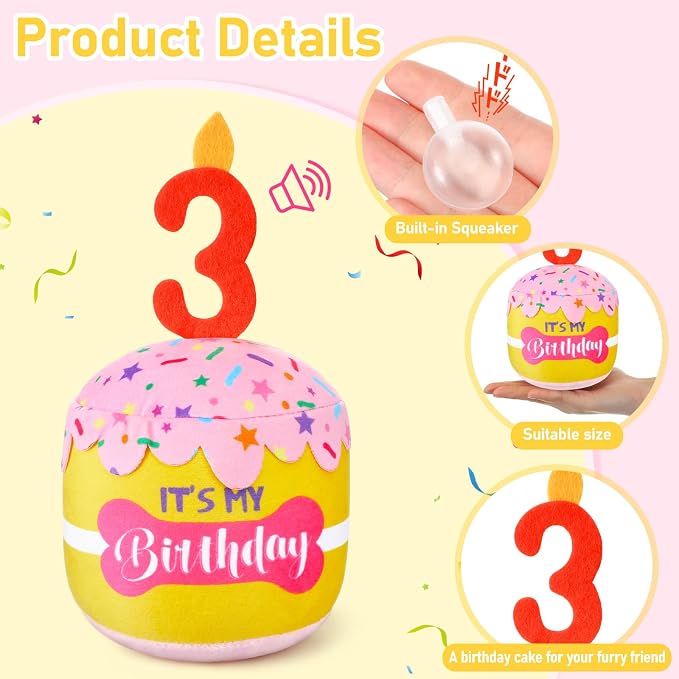 Dansydaisy Dog Birthday Cake Toy Squeaky Plush Toy for Girl Boy Gifts, Chew Accessories for Dog Birthday Party Decor Favor for Large, Medium and Small Dogs(3rd,Pink and Yellow)