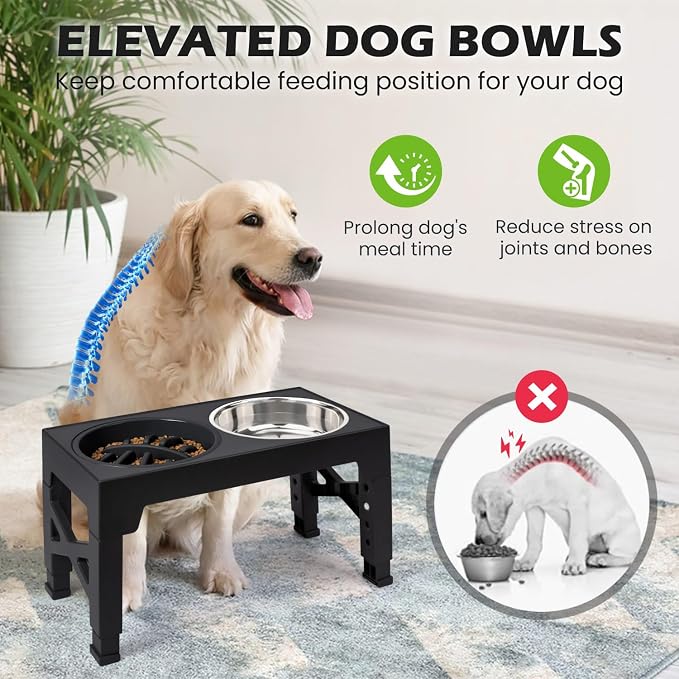 Elevated Dog Bowls with 5 Adjustable Heights Stand | Stainless Steel Bowls, Slow Feeder, 3.2" to 12.2" Hegiht Raised Dog Bowl for Small to Large Dogs