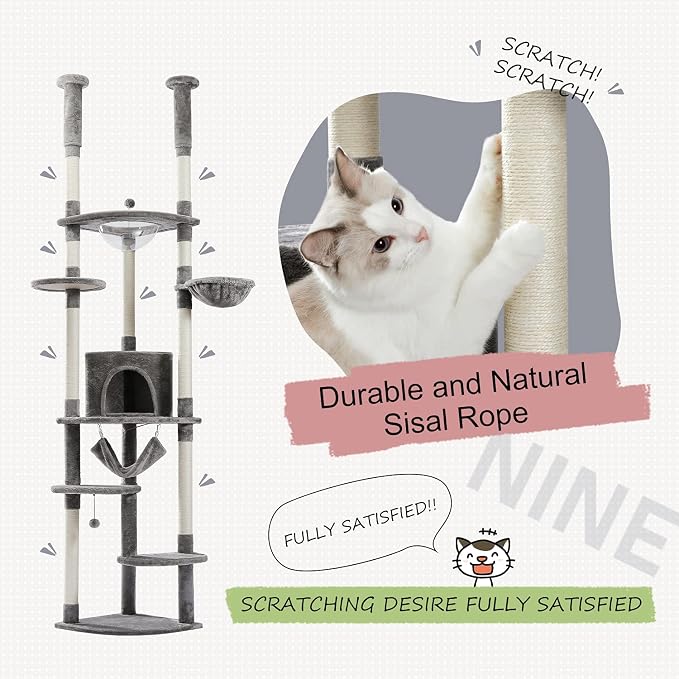 PEQULTI Floor to Ceiling Cat Tree, 92.9-101.6in Adjustable Cat Tower, Gray | Adjustable tower braces floor to ceiling; cozy condo, large hammock, perches & 9 sisal posts on fan base with anti-tip strap